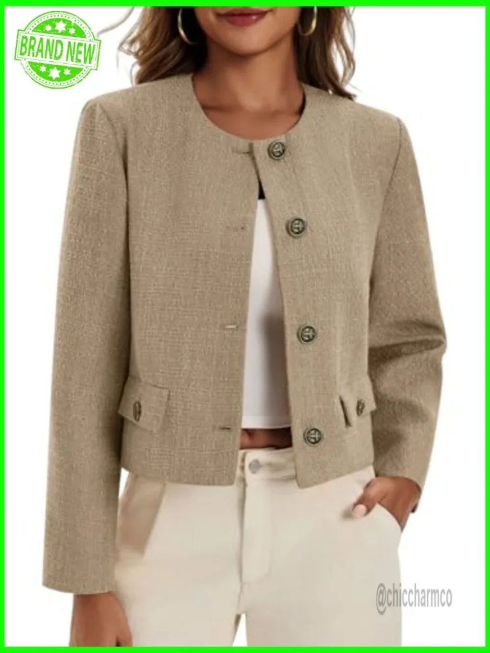 Womens Collarless Cropped Tweed Blazer Jacket Casual Business Fall Bomber